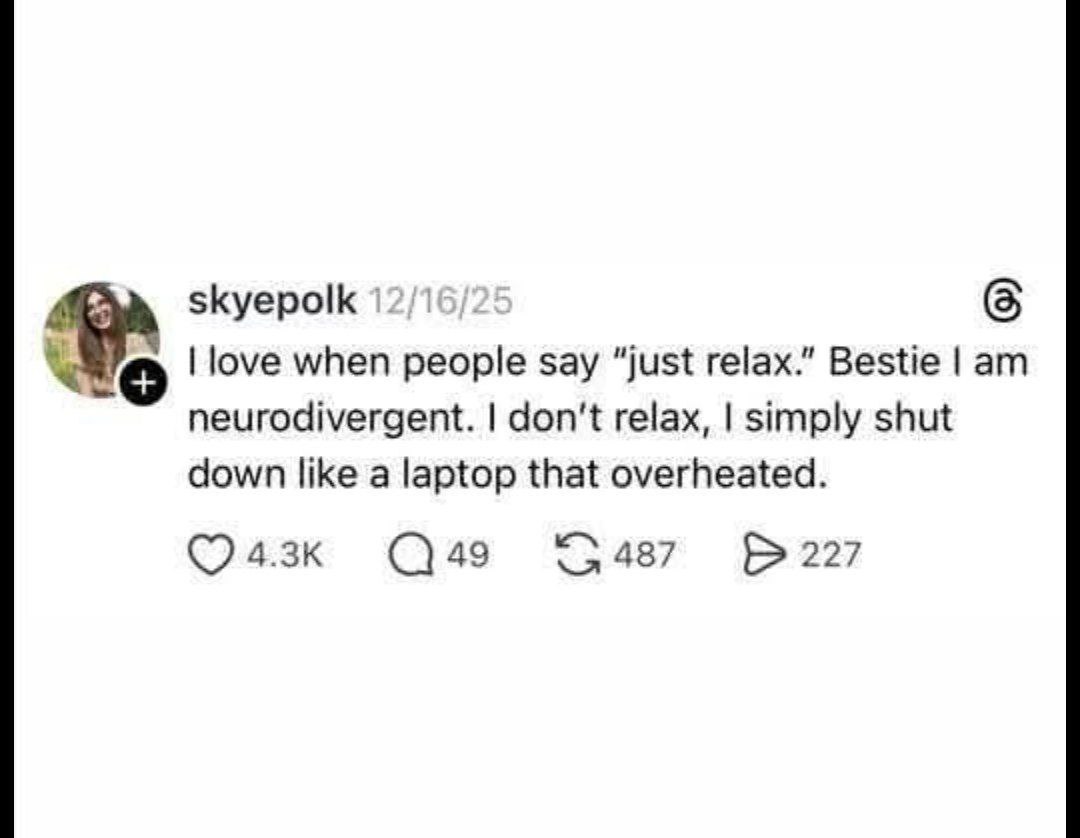 skyepolk love when people say “just relax.” Bestie neurodivergent. don't relax, simply shut down like a laptop that overheated. 49 487 227