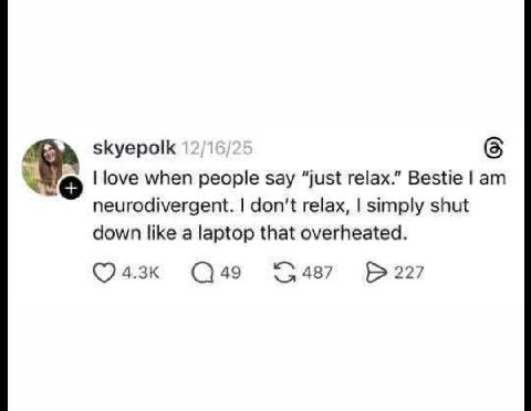 skyepolk love when people say “just relax.” Bestie neurodivergent. don't relax, simply shut down like a laptop that overheated. 49 487 227