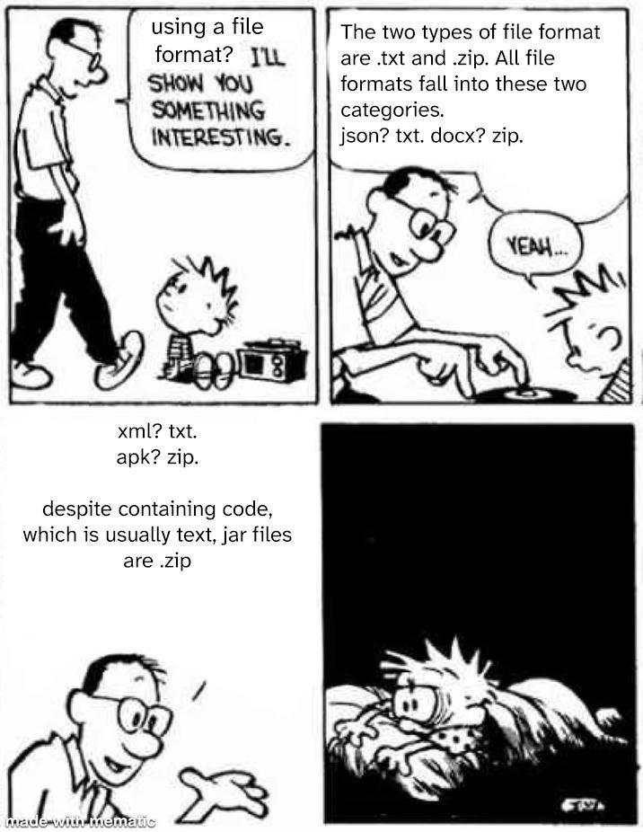 using а the two types of file format format? are .txt and .zip. All file SHOW YOU formats fall into these two SOMETHING categories. INTERESTING. json? txt. docx? zip. ЧЕМА xml? txt. apk? zip. despite 