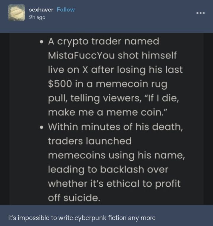 sexhaver Follow ago Acrypto trader named MistaFuccYou shot himself live on after losing his last $500 in а memecoin rug pull, telling viewers, “If die, make me a meme coin.” Within minutes of his deat