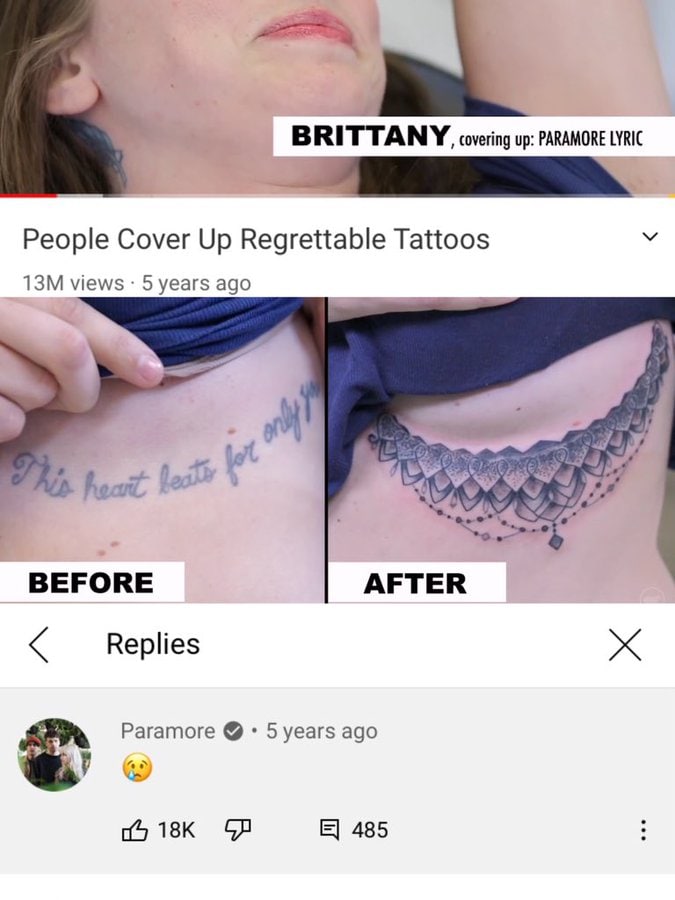 a BRITTANY, covering up: PARAMORE LYRIC People Cover Up Regrettable Tattoos У views 5 years ago I CIV Cay BEFORE AFTER Paramore 5 years ago 485
