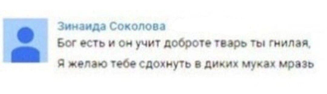Зинаида Соколова Бог есть и он учит доброте тварь ты гнилая, Я желаю тебе сдохнуть в диких муках мразь