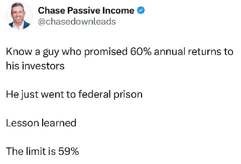 Chase Passive Income @chasedownleads Know a guy who promised 60% annual returns to his investors He just went to federal prison Lesson learned The limit is 59%
