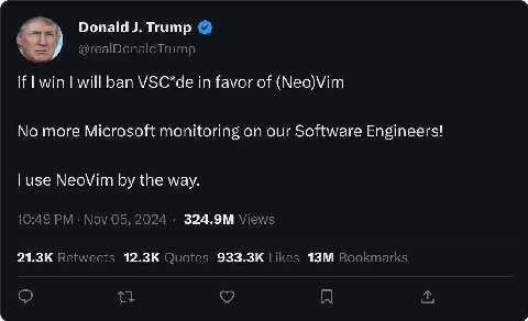@realDonaldTrump If win will ban VSC*de in favor of (Neo)Vim No more Microsoft monitoring on our Software Engineers! use NeoVim the way. 10:49 Nov 05, 2024 Views Retweets Quotes Likes Bookmarks