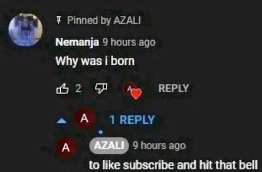 Pinned AZALI Nemanja 9 hours ago Why was i born REPLY 1 REPLY A 9 hours ago to like subscribe and hit that bell
