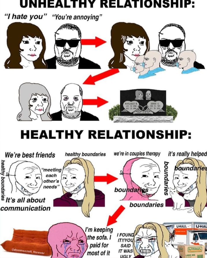 you” “You're annoying” 9) 1 0. HEALTHY RELATIONSHIP: We’re best friends healthy boundaries we're in couples therapy it’s really helped ‘meeting each у other's needs bou 8 It’s all communication a UHAU