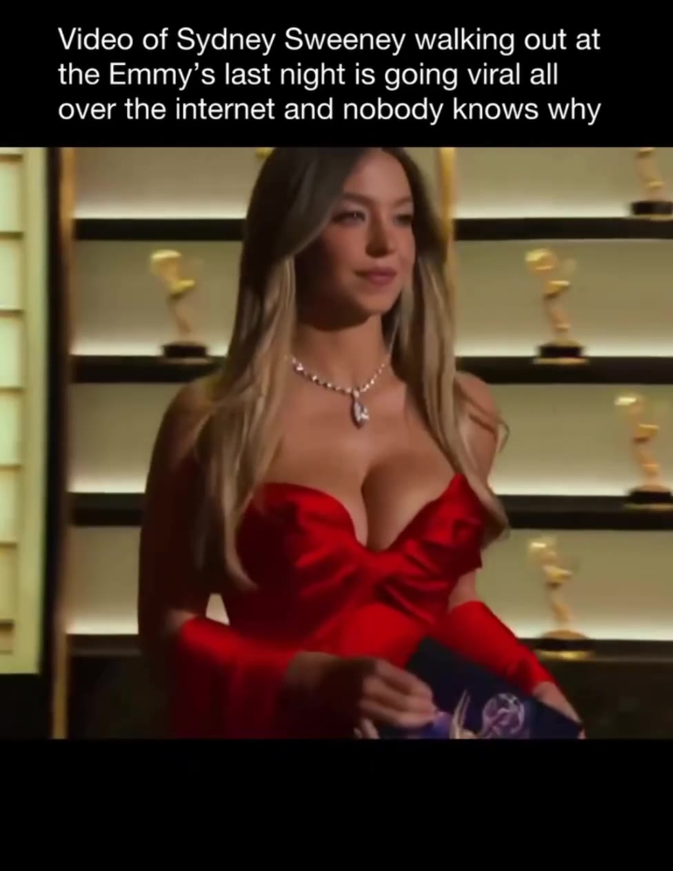 Video of Sydney Sweeney walking out at the Emmy’s last night is going viral all over the internet and nobody knows why