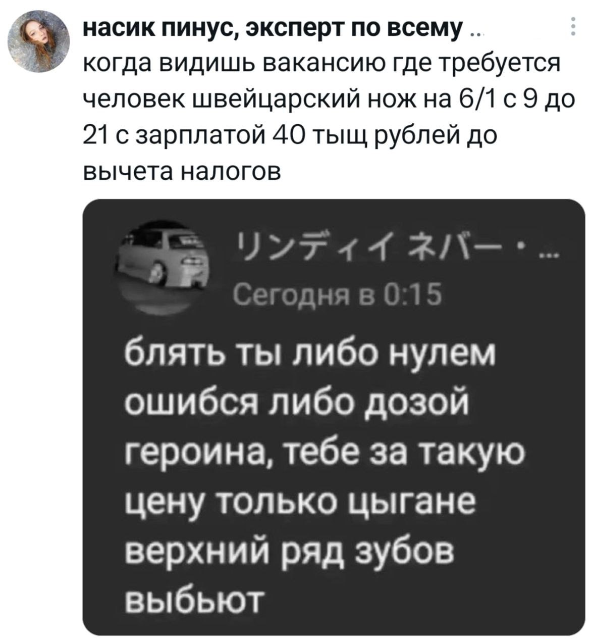 У насик пинус, эксперт по всему когда видишь вакансию где требуется человек швейцарский нож на 6/1 с9 до 21 с зарплатой 40 тыщ рублей до вычета налогов блять ты либо нулем ошибся либо дозой героина, т