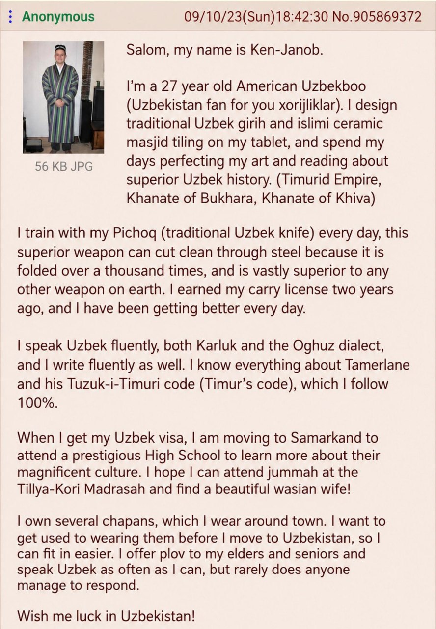 Anonymous 09/10/23(Sun)18:42:30 No.905869372 my name is Ken-Janob. a 27 year old American Uzbekboo (Uzbekistan fan for you xorijliklar). design traditional Uzbek girih and islimi ceramic masjid tiling