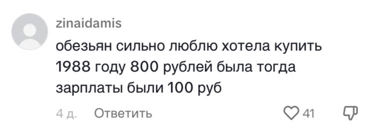 Zinaidamis обезьян сильно люблю хотела купить 1988 году 800 рублей была тогда зарплаты были 100 руб Ответить 41
