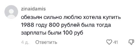 Zinaidamis обезьян сильно люблю хотела купить 1988 году 800 рублей была тогда зарплаты были 100 руб Ответить 41