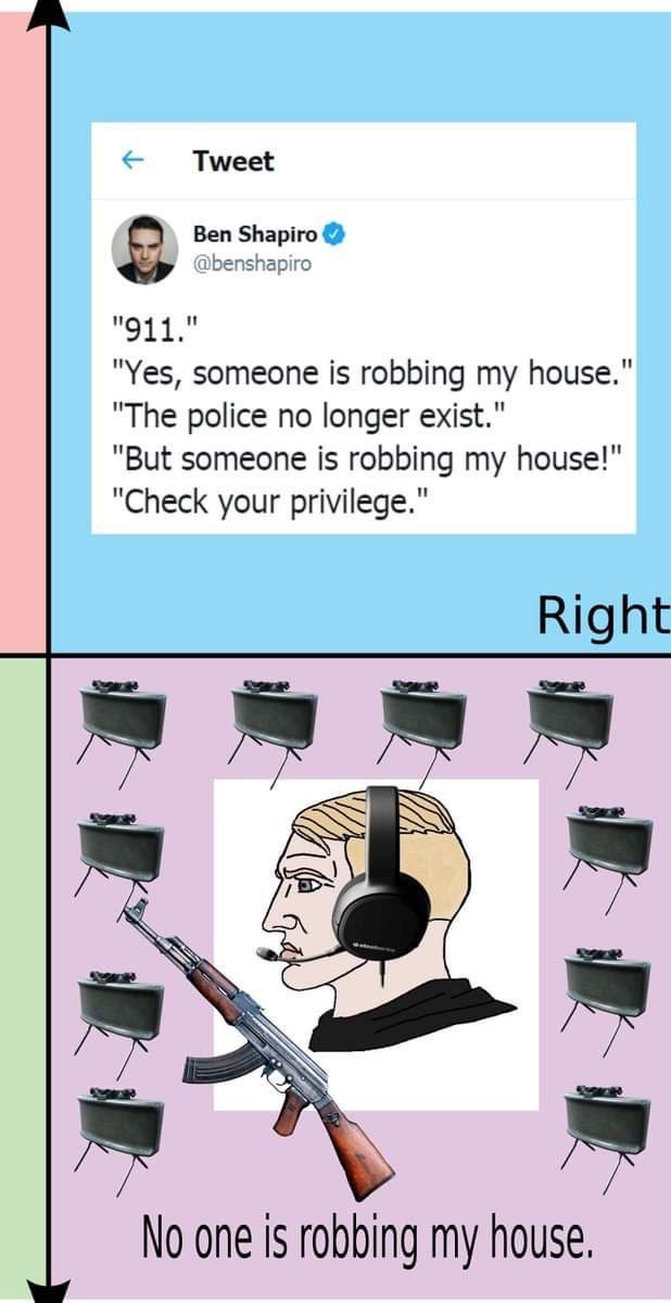 Tweet Ben Shapiro "Yes, someone is robbing my house." "The police no longer exist." "But someone is robbing my house!" "Check your privilege." Right No one Is robbing my house.