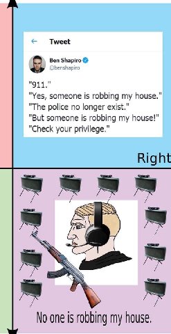 Tweet Ben Shapiro "Yes, someone is robbing my house." "The police no longer exist." "But someone is robbing my house!" "Check your privilege." Right No one Is robbing my house.
