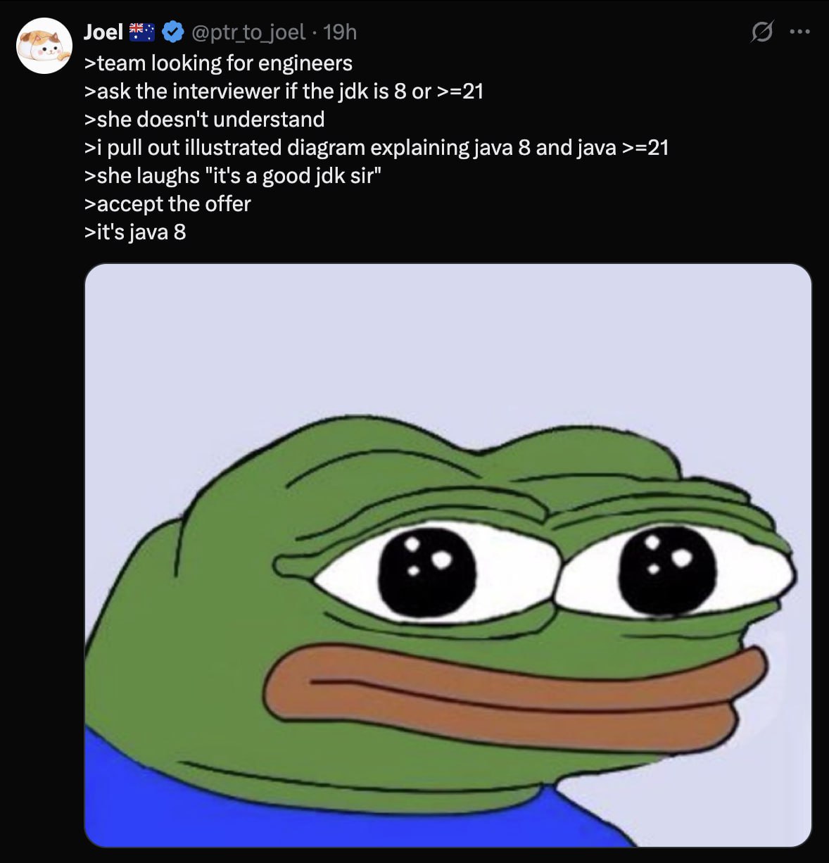 Joel @ptrto joel Я >team looking for engineers >ask the interviewer if the jdk is 8 or >=21 >she doesn't understand >i pull out illustrated diagram explaining java 8 and java >=21 >she laughs "it's a 