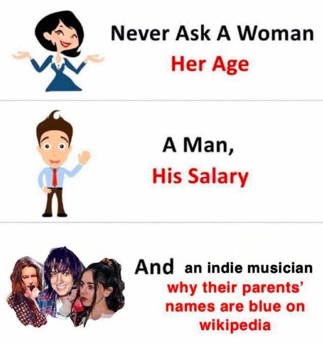 Never Ask A Woman Her Age A Man, His Salary And an indie musician why their parents’ names are blue on wikipedia