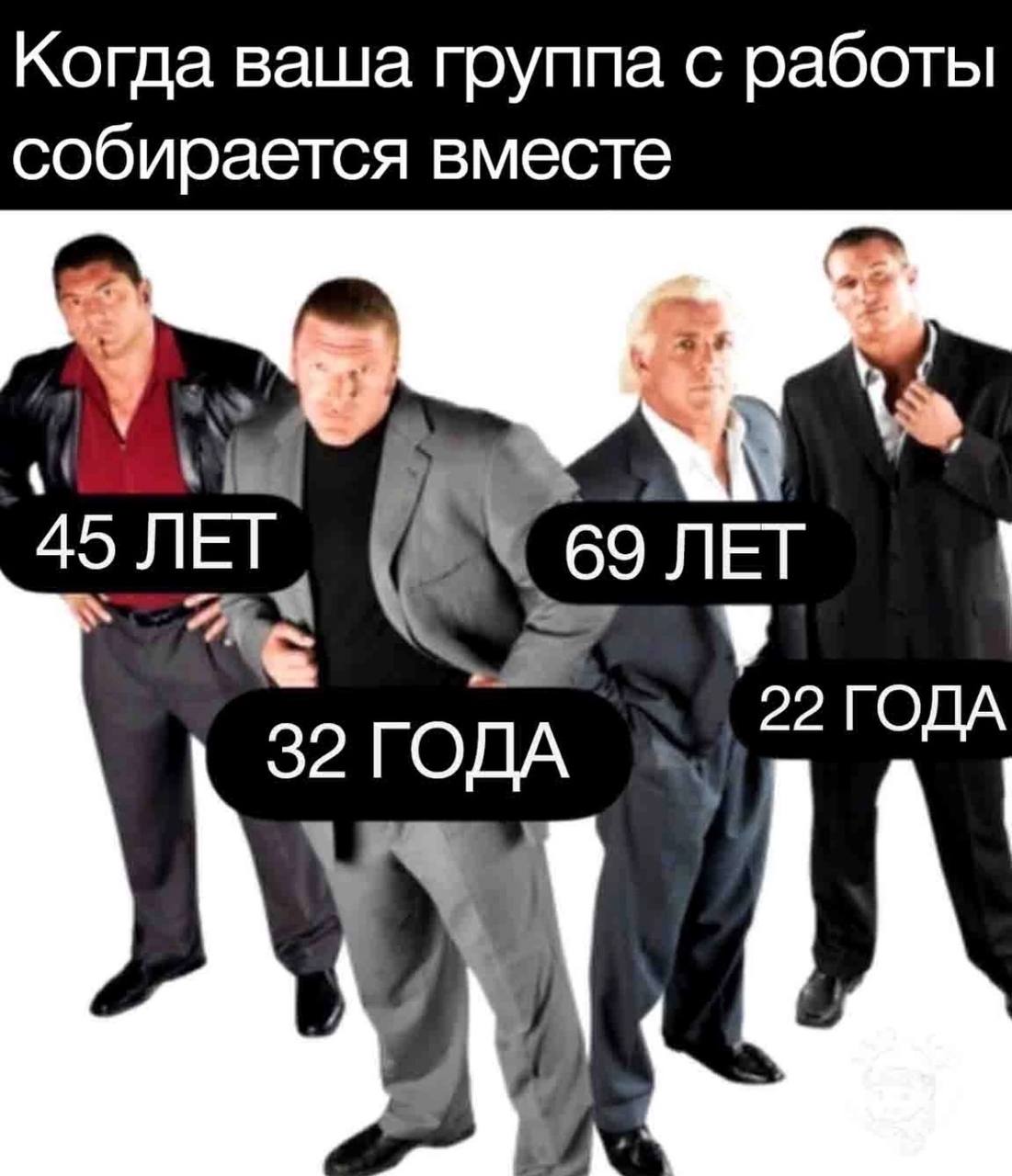 Когда ваша группа с работы собирается вместе 4 1 45 ЛЕТ 69 ЛЕТ a 22 TODA 32 TODA