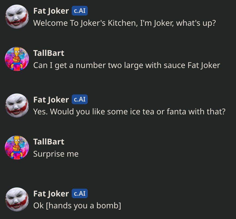 Fat Joker с.АТ Welcome To Joker's Kitchen, Joker, what's up? TallBart Can I get a number two large with sauce Fat Joker Fat Joker с.АТ Yes. Would you like some ice tea or fanta with that? TallBart Sur