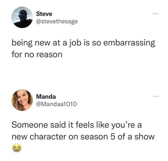 Steve @stevethesage being new at a job is so embarrassing for no reason Manda @Мапааа1010 Someone said it feels like you’re a new character on season 5 of a show