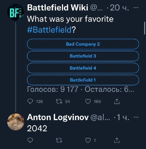 Battlefield Wiki О... .20 What was your favorite #Battlefield? Bad Company 2 Battlefield 3 Battlefield 4 Battlefield 1 Голосов: 9 177 Осталось: 6 138 34 186 Anton Logvinov -14 2042 Or