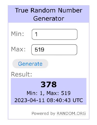 True Random Number Generator Generate Result: 378 Min: 1, Max: 519 2023-04-11 08:40:43 UTC Powered RANDOM.ORG