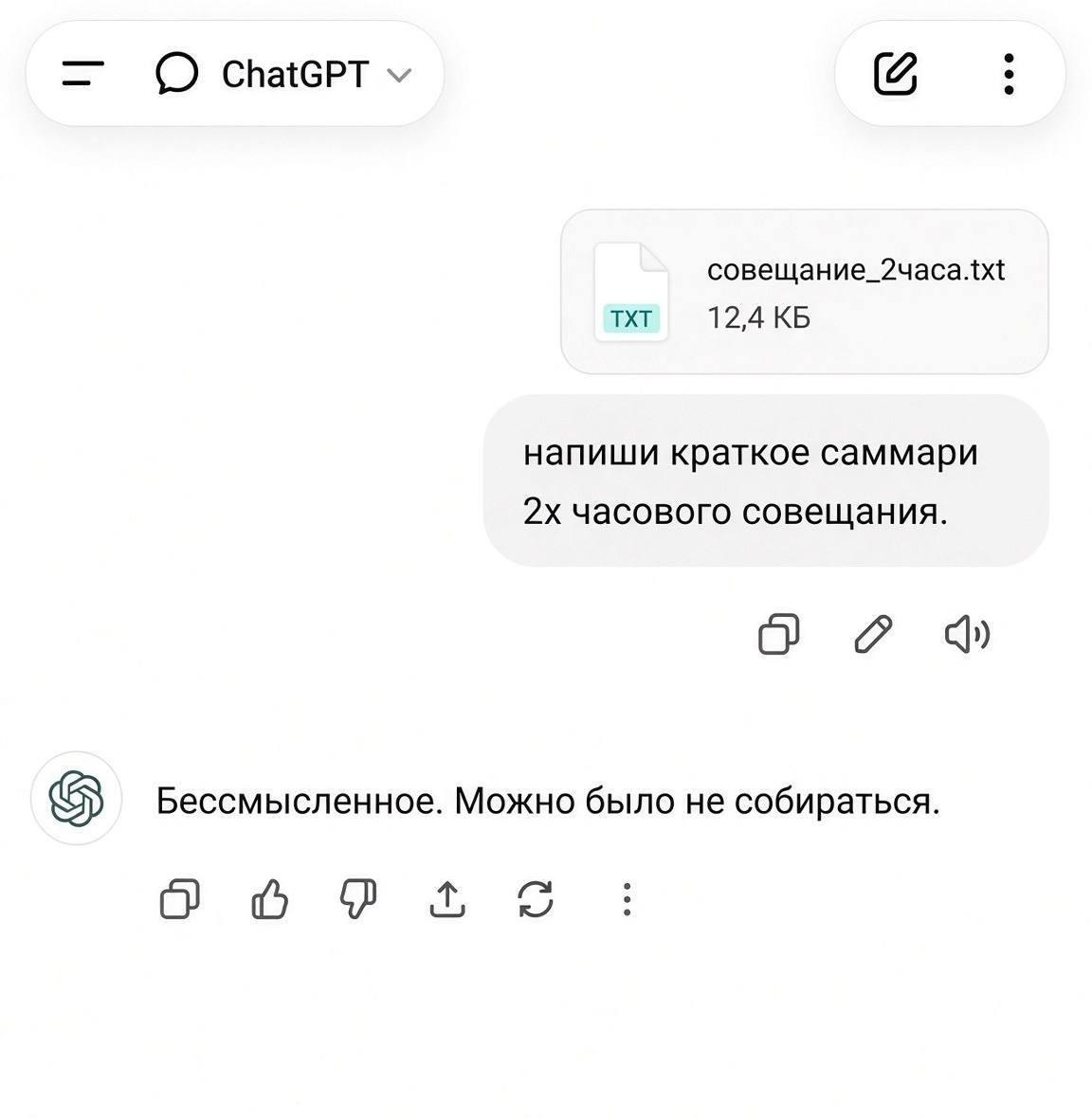 ChatGPT 12,4 напиши краткое саммари часового совещания. о Бессмысленное. Можно было не собираться.