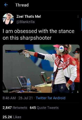 Thread Zoe! That's Me! obsessed with the stance on this sharpshooter В 8:46 26 Jul 21 Twitter for Android 2,847 Retweets 645 Quote Tweets Likes