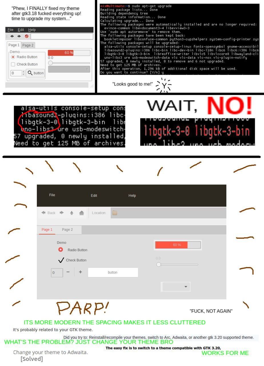 "Phew, FINALLY fixed my theme after gtk3.18 fucked everything up! dependency tree time to upgrade my system..." state. Done Following packages were automatically installed and are no longer required u