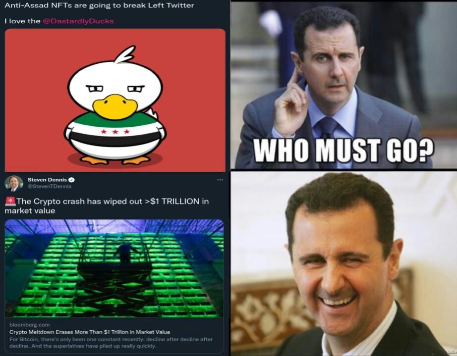 Anti-Assad NFTs are going to break Left Twitter i} love the 9 Steven Dennis Crypto crash has wiped out >$1 TRILLION market value 4 А 7 Crypto Meltdown Erases More Than $1 Trillion in Market Value