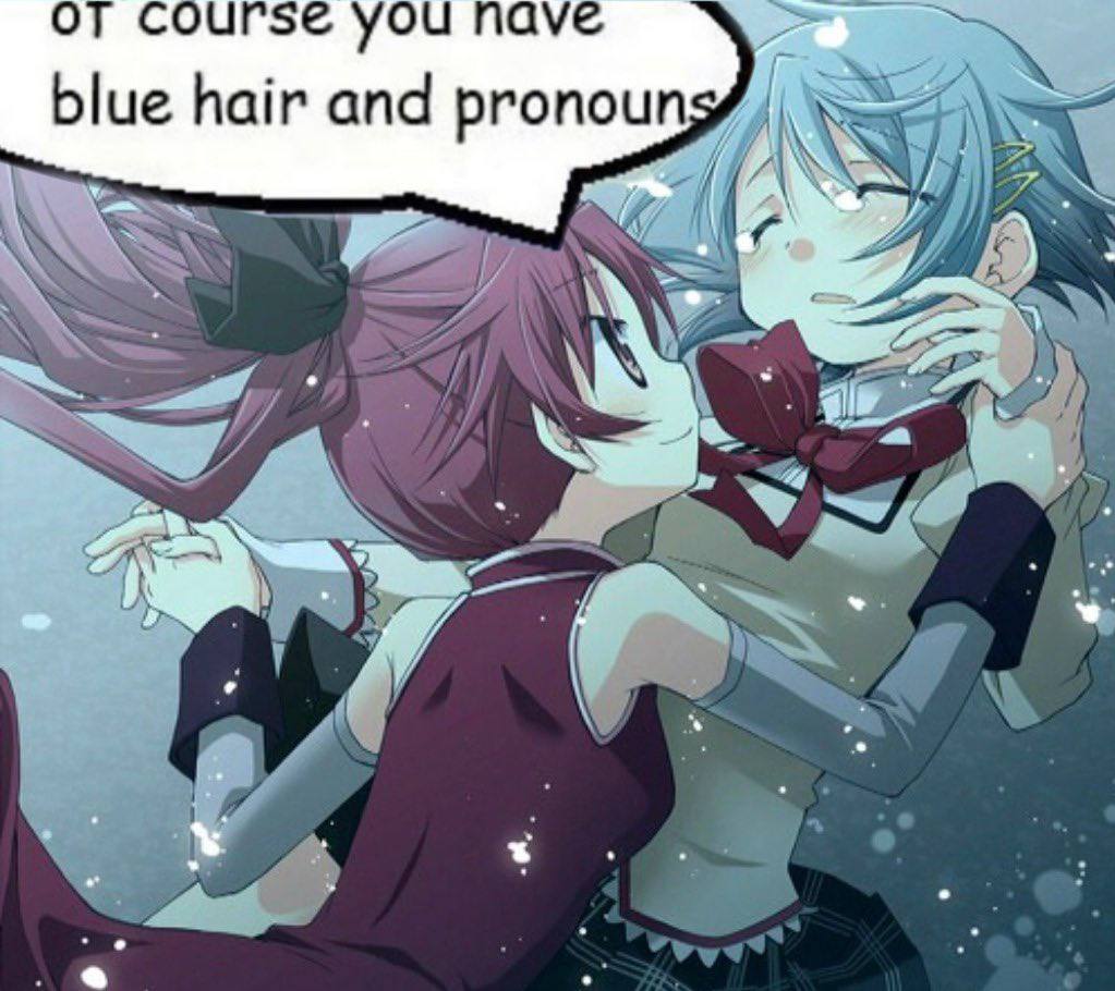 от сочг5е you nave blue hair and pronoun