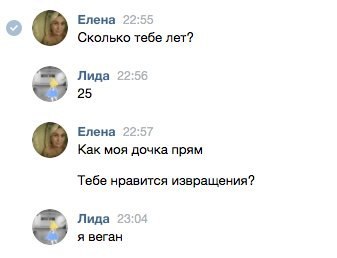 Елена 22:55 Сколько тебе лет? Лида 22:56 25 Елена 22:57 Как моя дочка прям Тебе нравится извращения? Лида 23:04 явеган