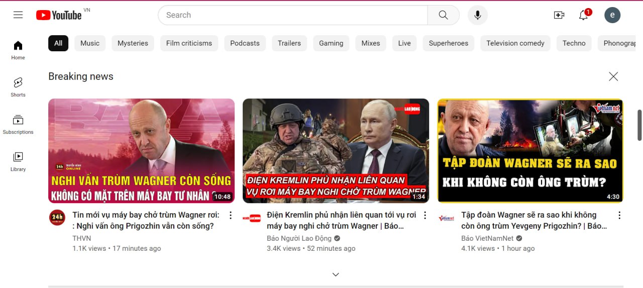 Search A Music Mysteries Film criticisms Podcasts Trailers Gaming Mixes Live Superheroes Television comedy Techno Home Breaking news Shorts к 5 Subscriptions 7 a 4 3 TAP BOAN WAGNER SAO a МЕНЕ VAN TRU