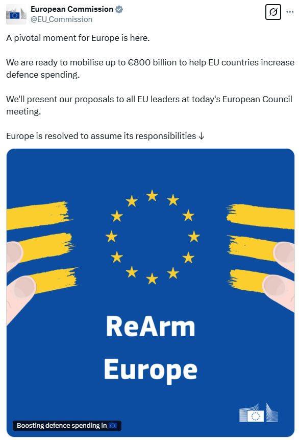 European Commission @EU_Commission A pivotal moment for Europe is here. We are ready to mobilise up to €800 billion to help countries increase defence spending. We'll present our proposals to all lead