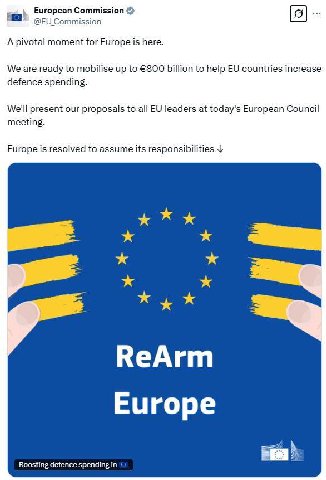 European Commission @EU_Commission A pivotal moment for Europe is here. We are ready to mobilise up to €800 billion to help countries increase defence spending. We'll present our proposals to all lead