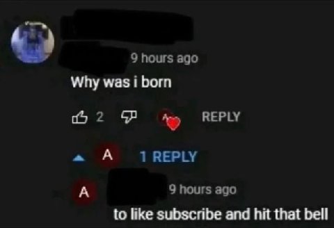 9 hours ago Why was i born REPLY a А 1 REPLY А 9 hours ago to like subscribe and hit that bell