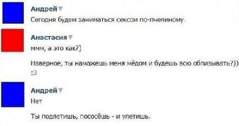 Андрей Сегодня будем заниматься сексом по-пчелиному. Анастасия MMM, а это как?) Наверное, ты намажешь меня мёдом и будешь всю облизывать?)) 3 Андрей Нет Ты подлетишь, пососёшь и улетишь.