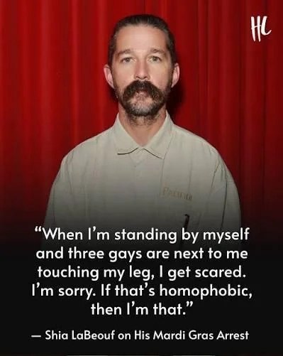 “When standing myself and three gays are next to me touching my leg, get scared. Рип sorry. If that’s homophobic, then that.” Shia LaBeouf on His Mardi Gras Arrest