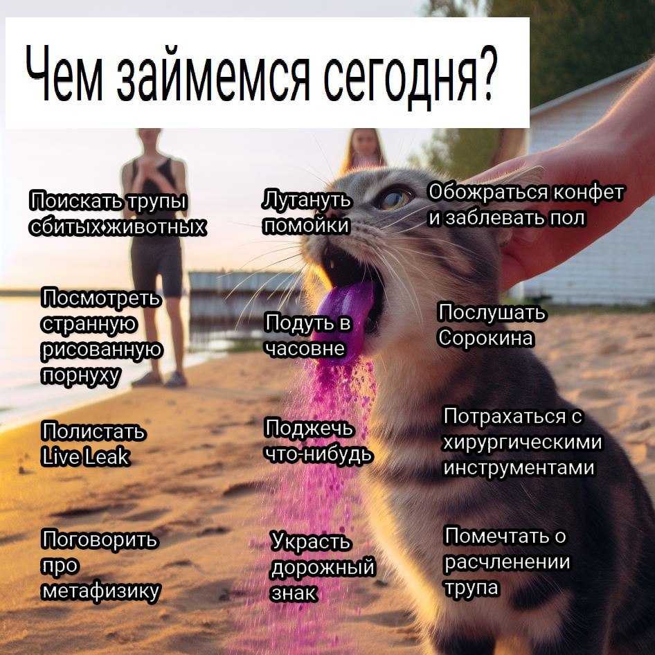 Чем займемся сегодня? Обожр RGA конфет и заблевать пол Посмотреть OfYTb в Послушать Сорокина рисованную, асовне a Потрахаться с хирургическими инструментами и Помечтать о To. дорожны расчленении метаф