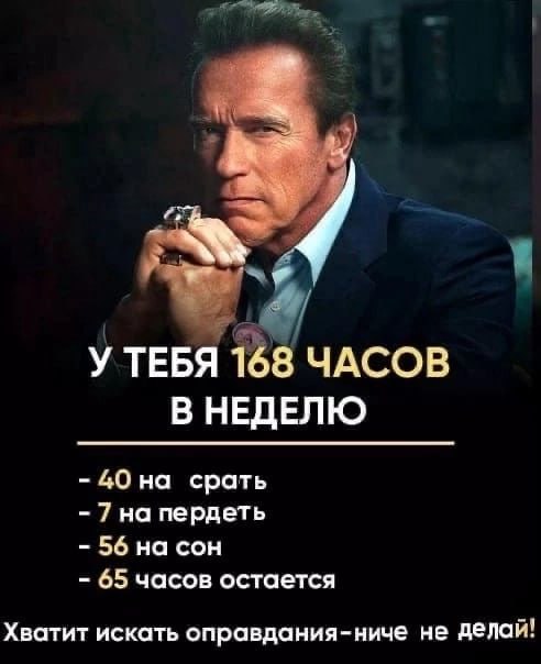 У ТЕБЯ 168 ЧАСОВ В НЕДЕЛЮ 4О на срать 7на пердеть 56 на сон 65 часов остается Хватит искать оправдания-ниче не делай!