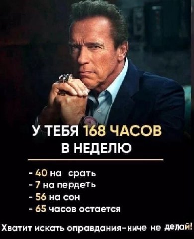 У ТЕБЯ 168 ЧАСОВ В НЕДЕЛЮ 4О на срать 7на пердеть 56 на сон 65 часов остается Хватит искать оправдания-ниче не делай!