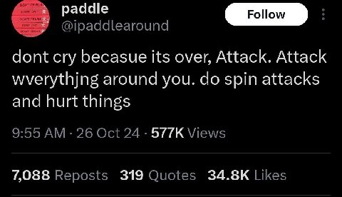 DONT CRAS! DONT CRASH KEEP paddle 3 @ipaddlearound dont cry becasue its over, Attack. Attack wverythjng around you. spin attacks and hurt things 9:55 26 Oct 24 Views 7,088 Reposts 319 Quotes Likes