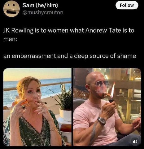 бат (he/him) Follow Rowling is to women what Andrew Tate is to men: an embarrassment and a deep source of shame tho.