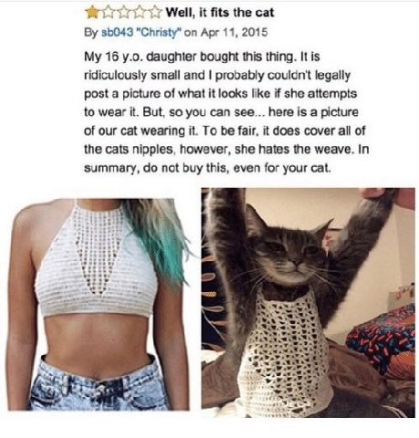 Well, it fits the cat "Christy" on Apr 11, 2015 My 16 daughter bought this thing. It is ridiculously small and probably couldn't legally post a picture of what it looks like if she attempts to wear it