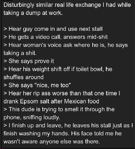 Disturbingly similar real life exchange had while taking a dump at work. Hear guy come in and use next stall He gets a video call, answers mid-shit Hear woman's voice ask where he is, he says taking a