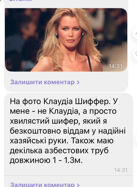 Залишити коментар На фото Клауда Шиффер. У мене не Клауда, а просто хвилястий шифер, який я безкоштовно у надйн! хазяйськ! руки. Також маю дек!лька азбестових труб довжиною 1 Залишити коментар