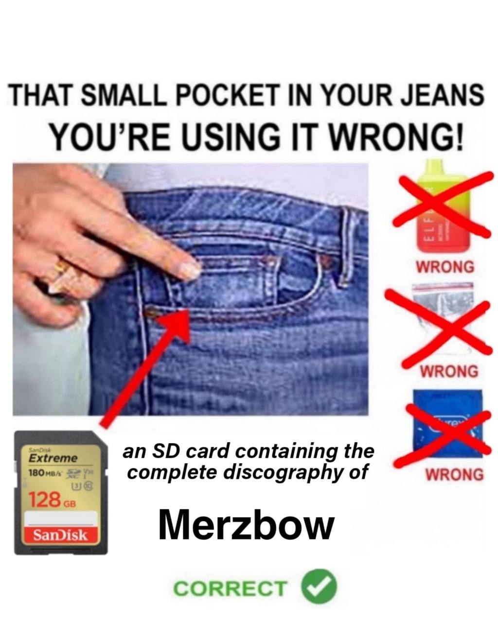 THAT SMALL POCKET IN YOUR JEANS YOU’RE USING IT WRONG! 3 WRONG Extreme card containing the complete discography of WRONG 128 Merzbow correct