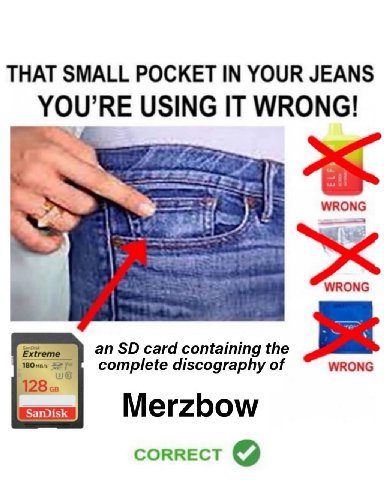 THAT SMALL POCKET IN YOUR JEANS YOU’RE USING IT WRONG! 3 WRONG Extreme card containing the complete discography of WRONG 128 Merzbow correct