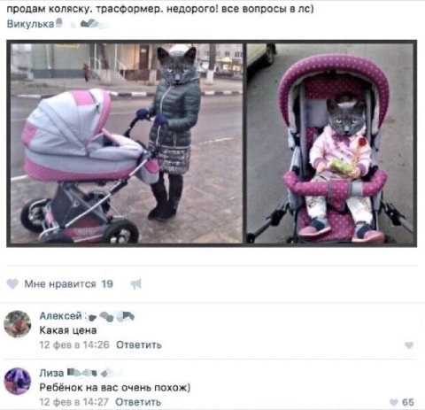 продам коляску. трасформер. недорого! все вопросы в Викулька® В и у Ast 7. Мне нравится 19 Алексей Какая цена 12 февв 14:26 Ответить Лиза Ребёнок на вас очень похож) 12 февв 14:27 Ответить 65