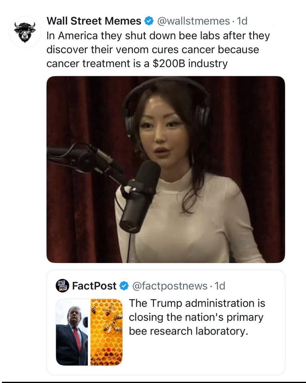 Wall Street Memes @wallstmemes In America they shut down bee labs after they discover their venom cures cancer because cancer treatment is a industry FactPost @factpostnews The Trump administration is