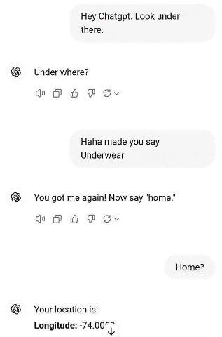 Hey Chatgpt. Look under there. Under where? Haha made you say Underwear You got me again! Now say Ноте? Your location is: Longitude: -74.00