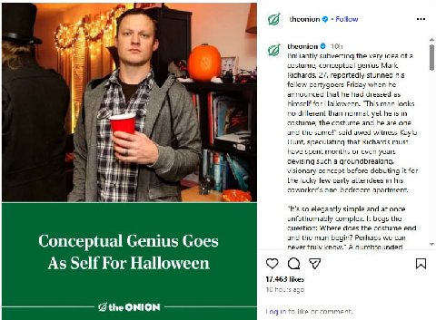 theonion Follow 4 theonion Brilliantly subverting the very idea of a costume, conceptual genius Mark 4 Richards, 27, reportedly stunned his fellow partygoers Friday when he 1 announced that he had dre
